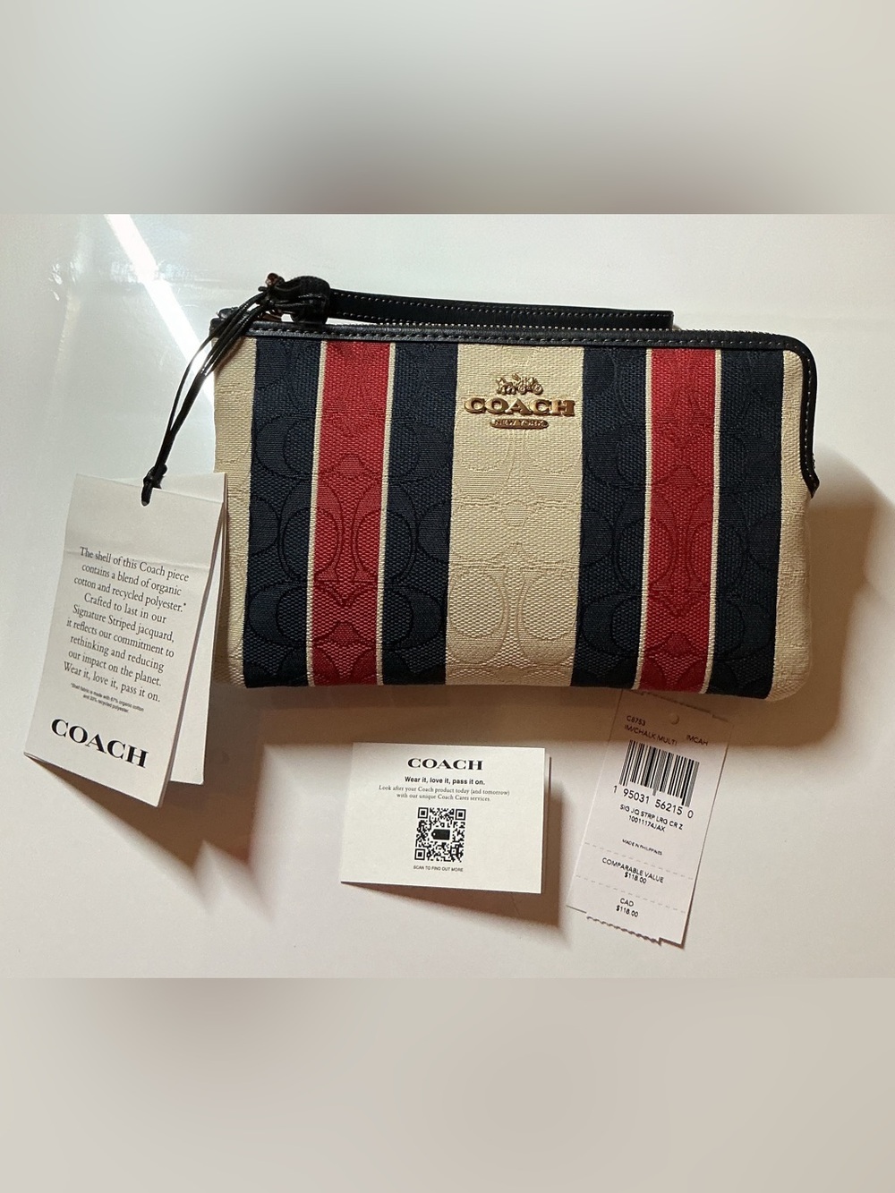 Coach Signature C Jacquard Stripe Corner Zip Wristlet Navy Red Cream